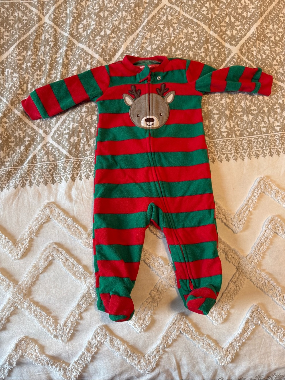 Holiday Red & Green Striped Reindeer Footed One-Piece for Kids six months